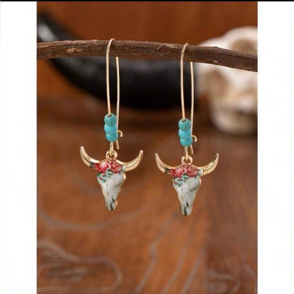 Western Cowgirl Style Blue Turquoise Beads and Floral Cow Head Dangle Earrings